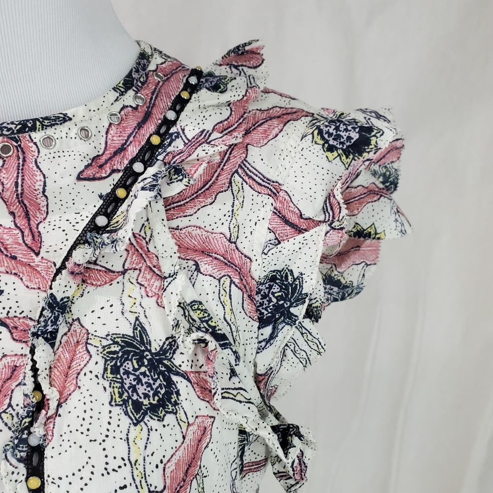 ISABEL MARANT 40 Unice Floral Print Ruffled Top Pink White Black Blouse Ecru - Picture 13 of 16